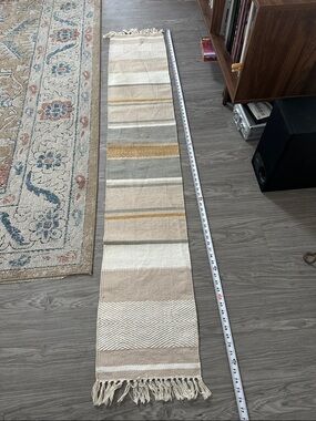 Textured Woven Runner Rug in Beige & Cream with Fringe